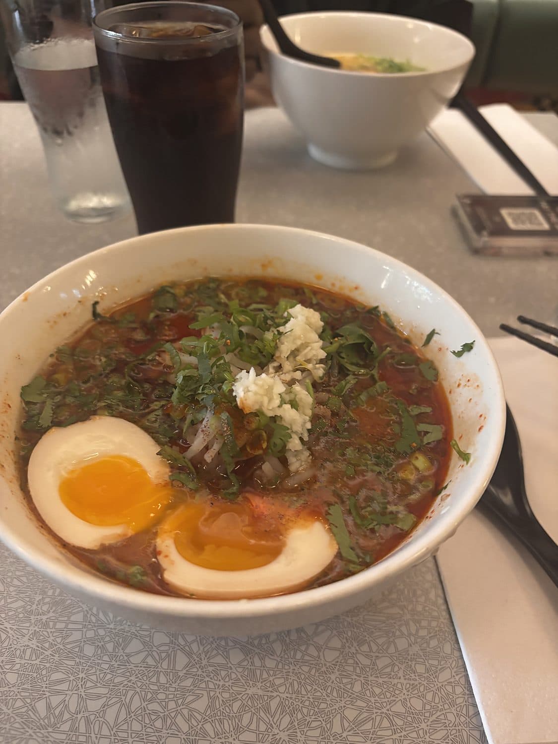 Chilli noodle soup, two soft eggs — Lower East Side, Manhattan